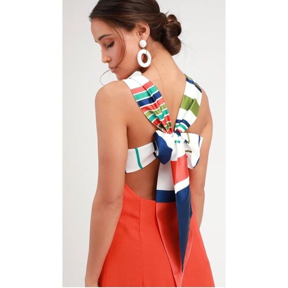 Lulu's Joyful Red Orange Multi Stripe Tie-Back Mini Dress Size Small - Picture 2 of 7